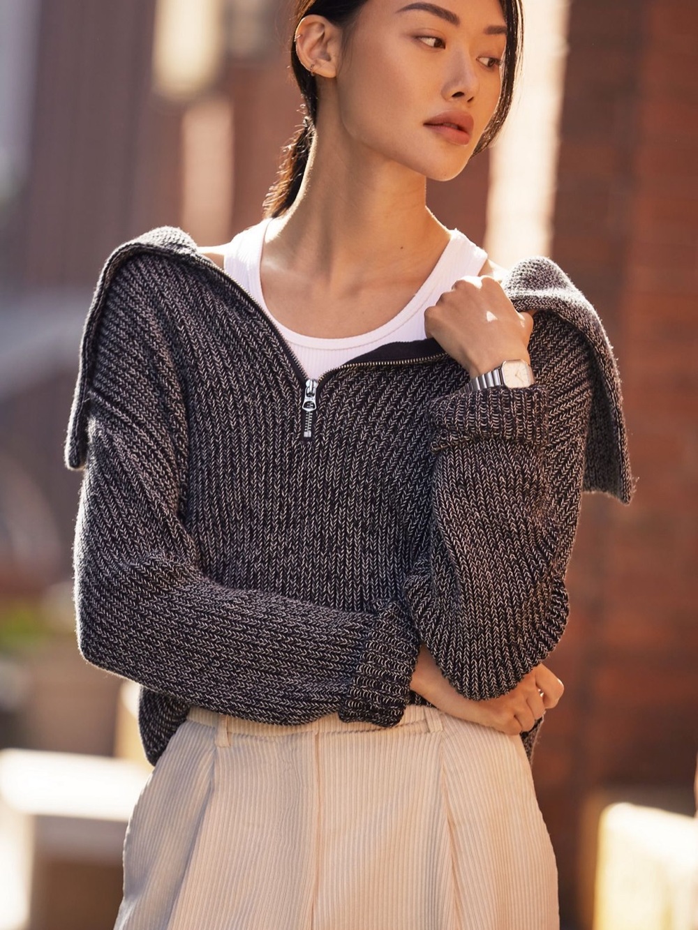 Varley Elise Half Zip Cotton Sweater in Charcoal Gray - size Small
